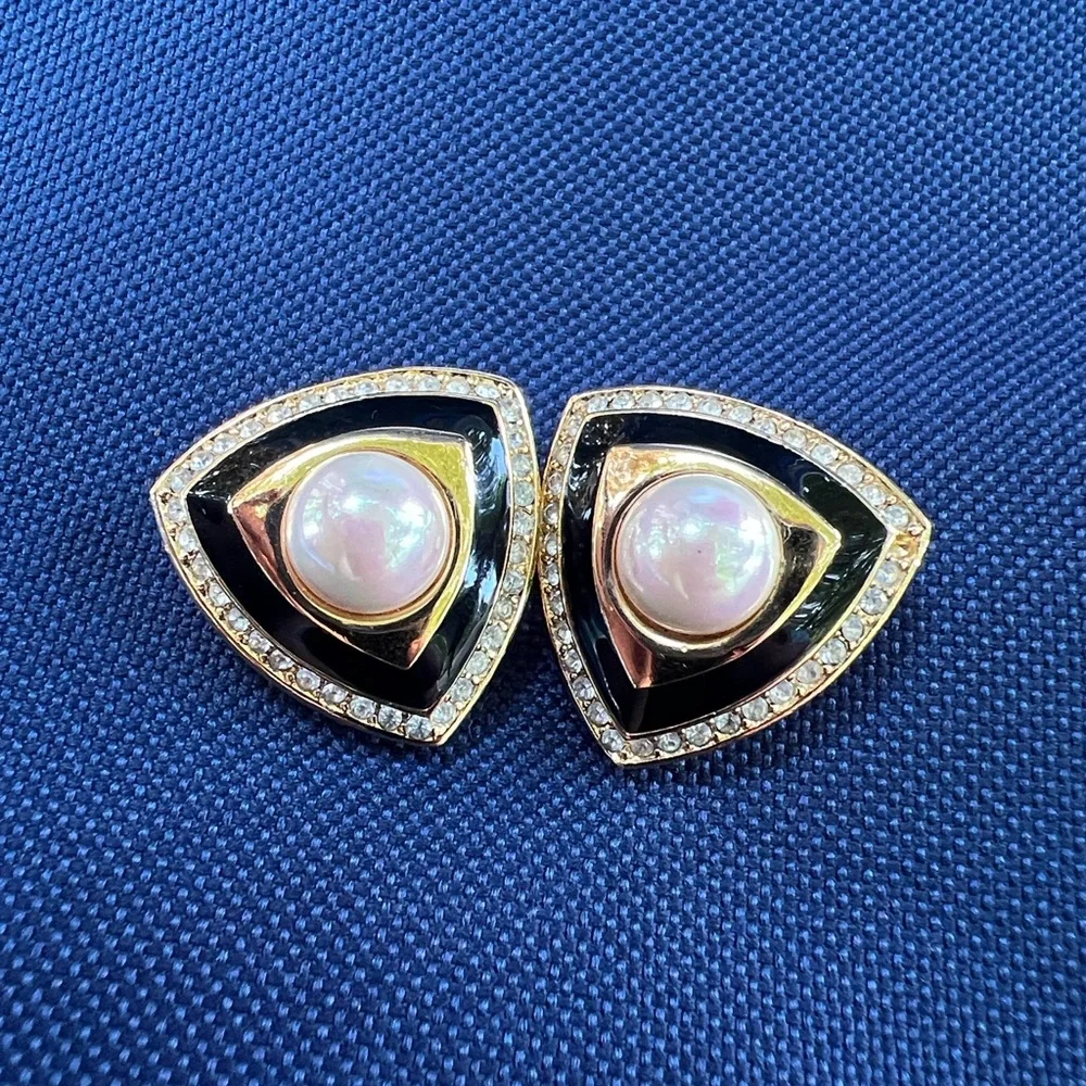 Vintage Dior Signed Black‎ Enamel, Pearl, Crystal Shield Clip on earrings
